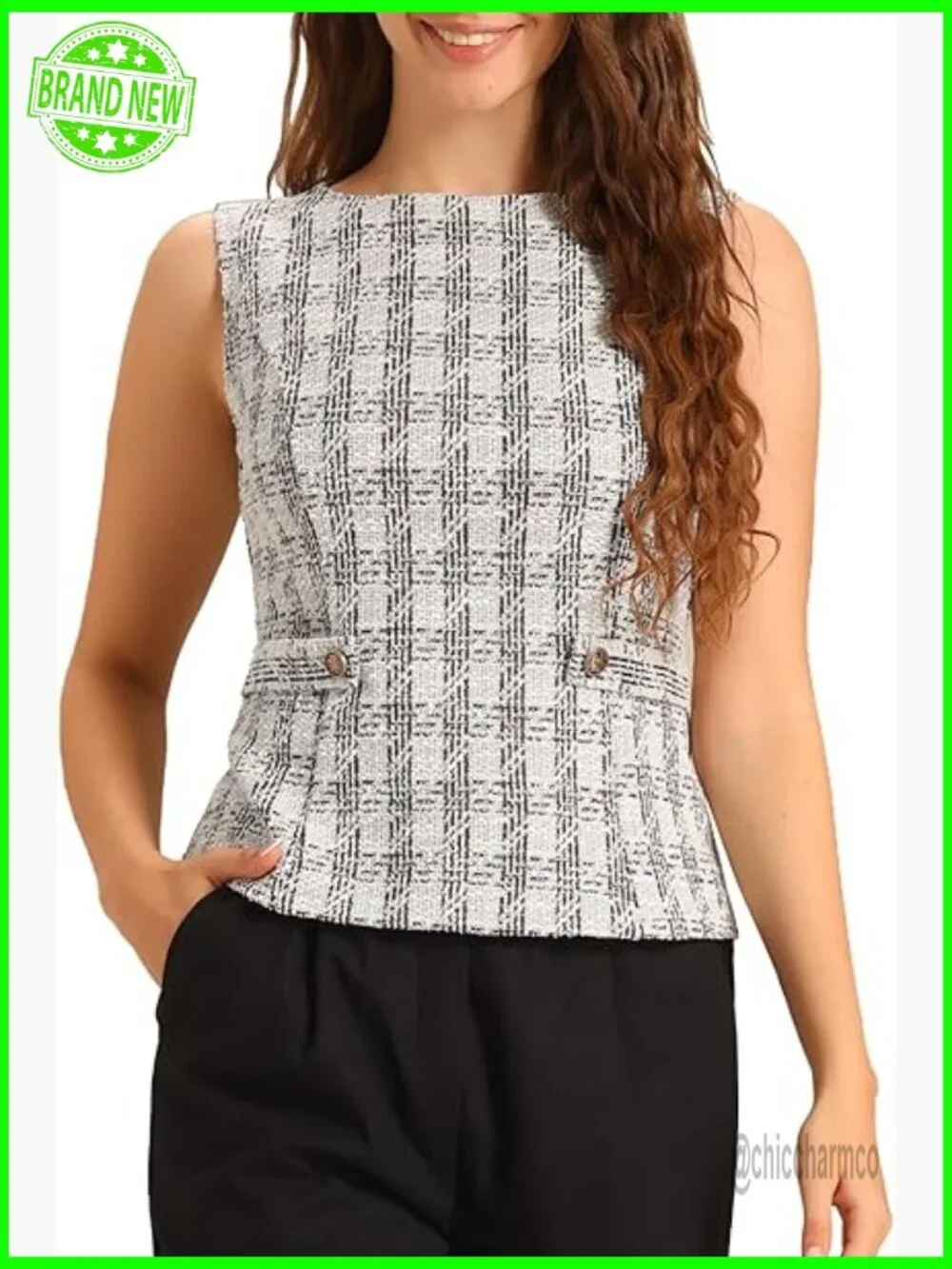 Tweed Sleeveless Crew Neck Vest - Business Casual Dressy Blouse Top